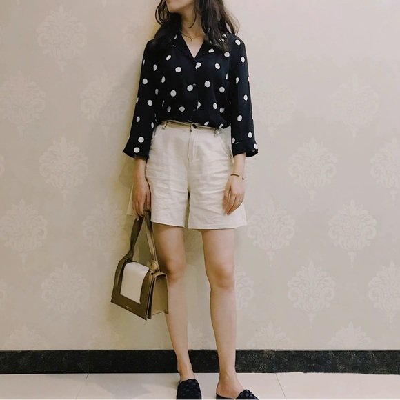 Black and White Polka Dot Three-Quarter Sleeve Silk Blouse - Picture 1 of 12